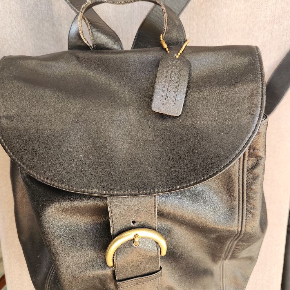 Coach Black Leather Backpack with Gold-Tone Buckle